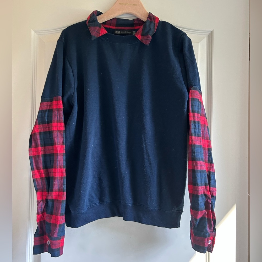 Jet by John Eshaya Navy Sweatshirt Plaid Sleeves